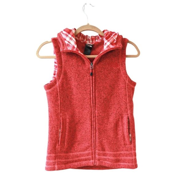 TNF The North Face Red hooded Fleece zip vest in size small with plaid details - Picture 1 of 10